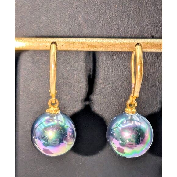 Vintage Round Metallic Gazing Ball Dangle Gold Tone Lever Back Earrings - Picture 1 of 7